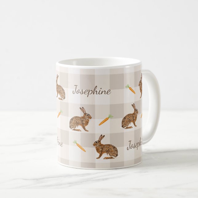 Rustic Hare And Carrots With Name Beige Gingham Coffee Mug (Front Right)