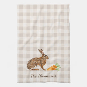 Rustic Hare And Carrots With Name Beige Gingham Kitchen Towel