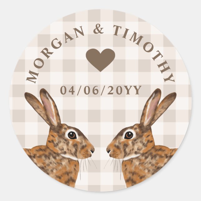 Rustic Hare Bunnies With Names And Date Wedding Classic Round Sticker (Front)