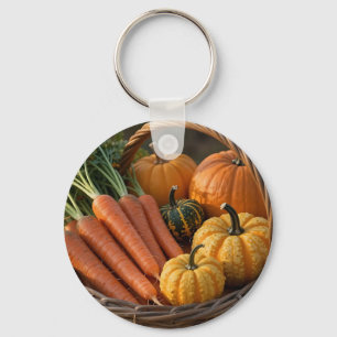 Rustic Harvest Basket Pumpkins Carrots Keychain