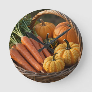 Rustic Harvest Basket Pumpkins Carrots Round Clock