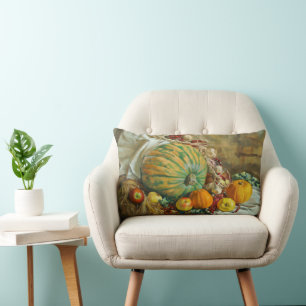 Rustic Harvest Still Life with Pumpkins and Apples Lumbar Pillow