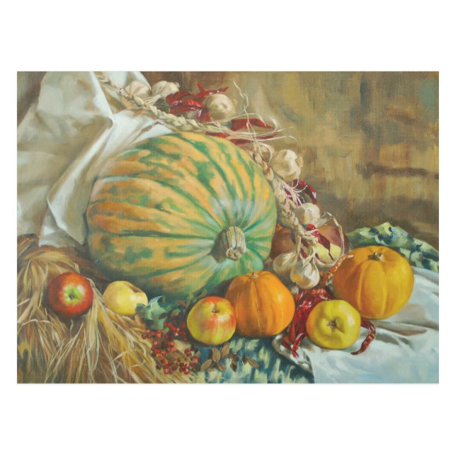 Rustic Harvest Still Life with Pumpkins and Apples Tablecloth (Front (Horizontal))