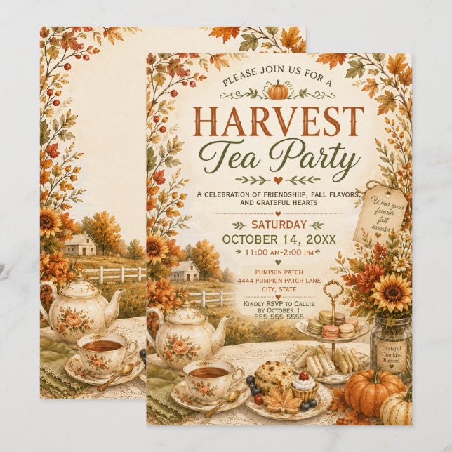 Rustic Harvest Tea Party Fall Autumn Invitation (Front/Back)