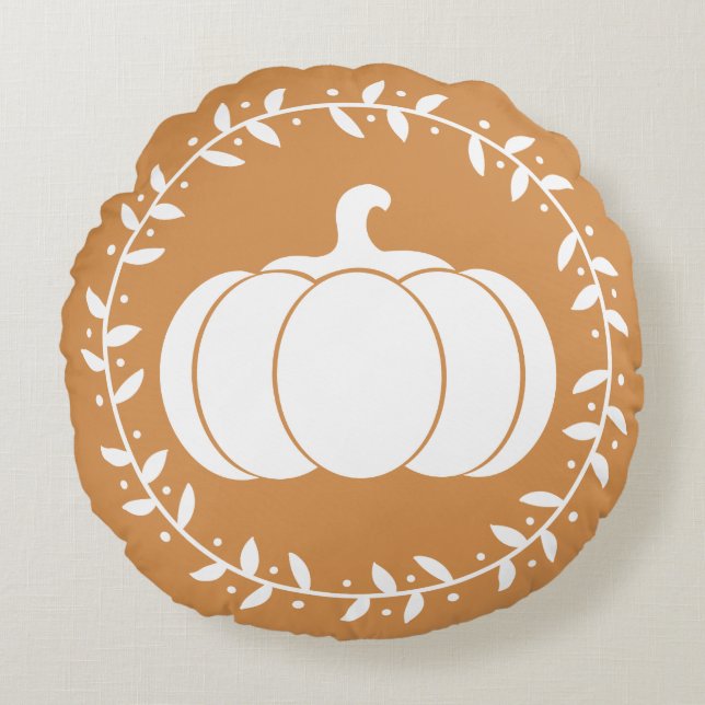 Rustic Harvest White Pumpkin & Wreath Round Pillow (Front)