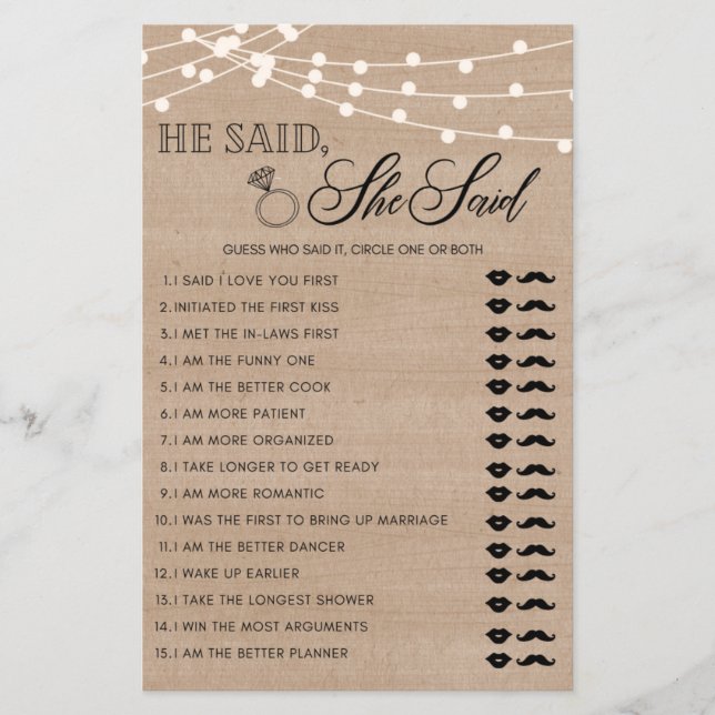 Rustic He said she said bridal shower game (Front)