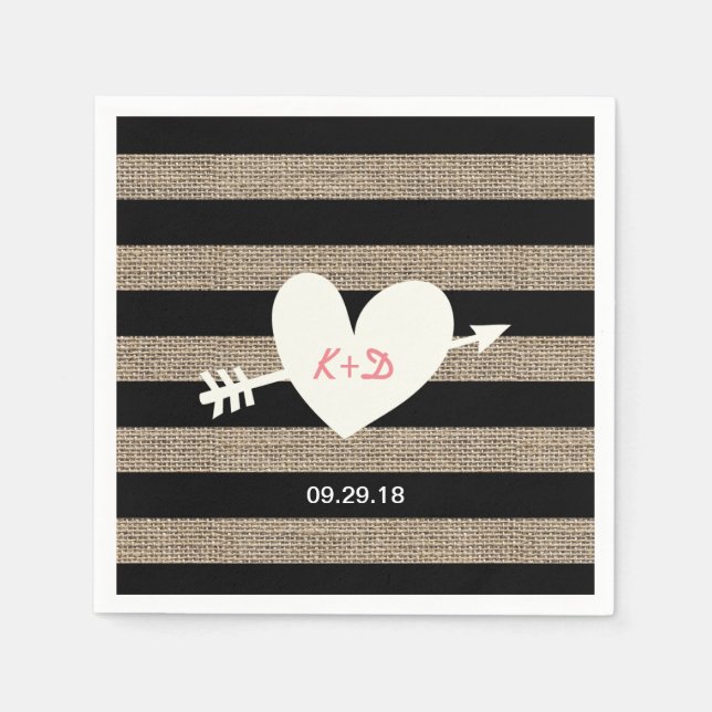 Rustic Heart & Arrow Burlap Stripes Wedding Napkin (Front)