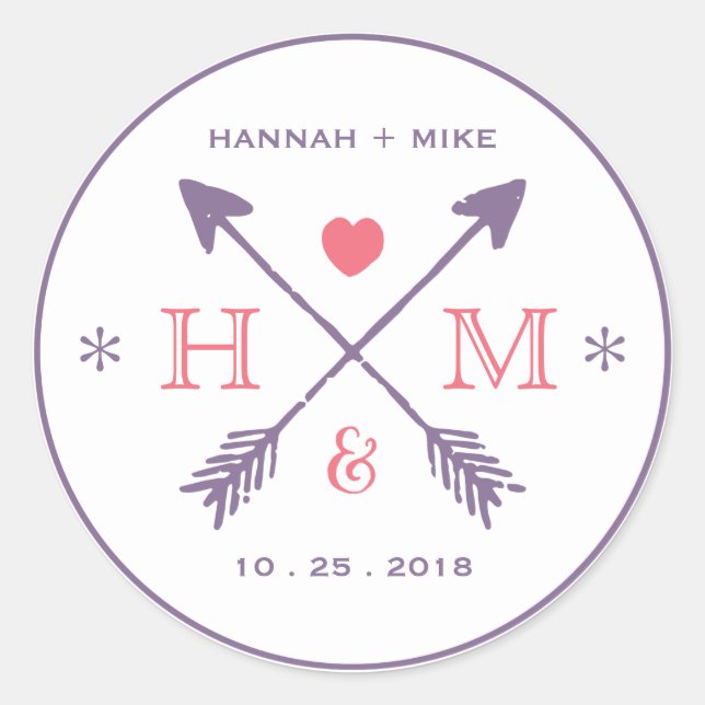 Rustic Heart Arrow Wedding Favour Monogram Sticker (Front)