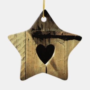Rustic Heart Carved Wooden Door Rusty Lock Ceramic Ornament