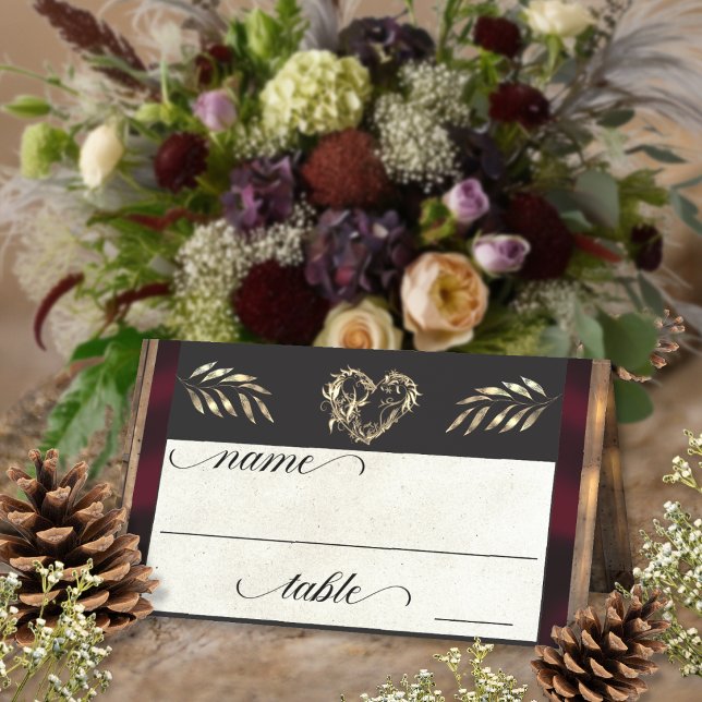 Rustic Heart & Monogram - Burgundy Place Card (Creator Uploaded)