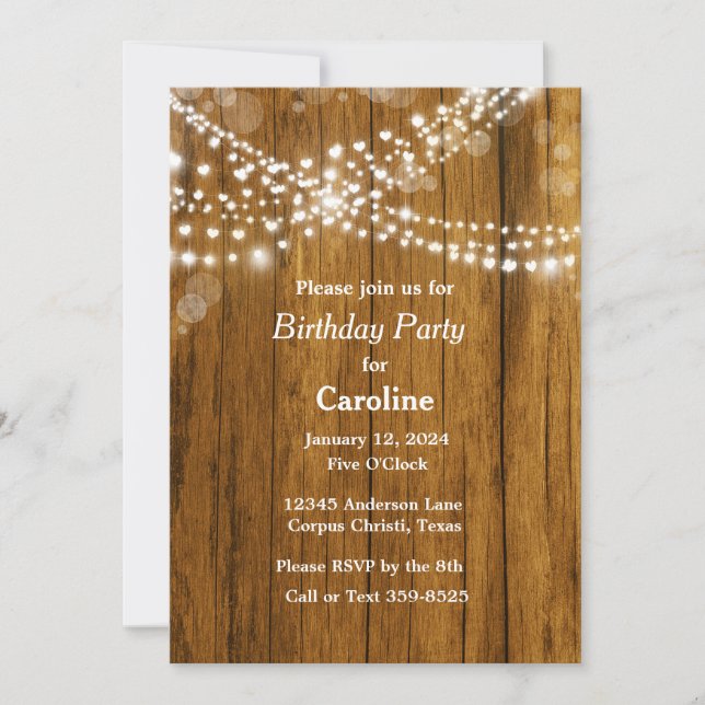 Rustic Heart Shaped Hanging Lights Birthday Party Invitation (Front)