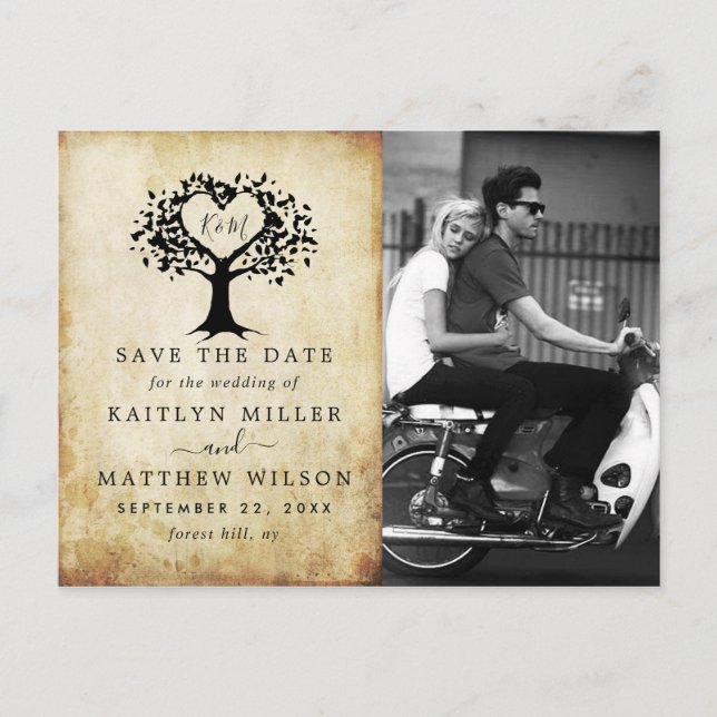 Rustic Heart Tree Wedding Photo Save The Date Announcement Postcard (Front)