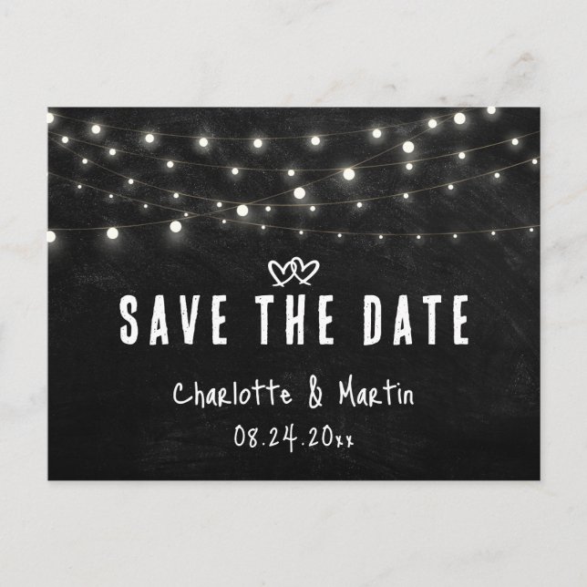 Rustic Hearts Lights Black Chalkboard Wedding Postcard (Front)