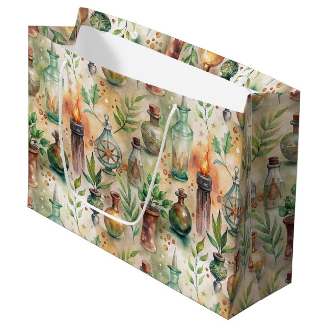 Rustic Herbalist Bottles Green Brown Large Gift Bag (Front Angled)