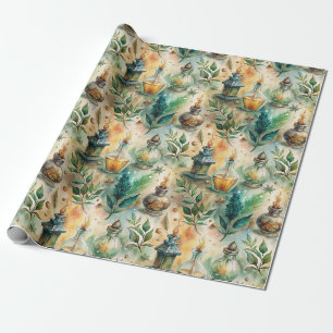 Rustic Herbalist Bottles Green Brown Wrapping Paper