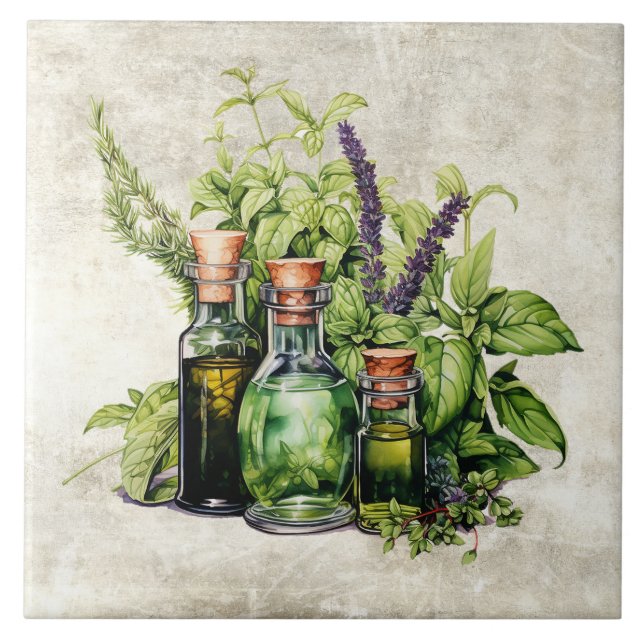 Rustic Herbs Beautiful Vintage Bottles Tile (Front)