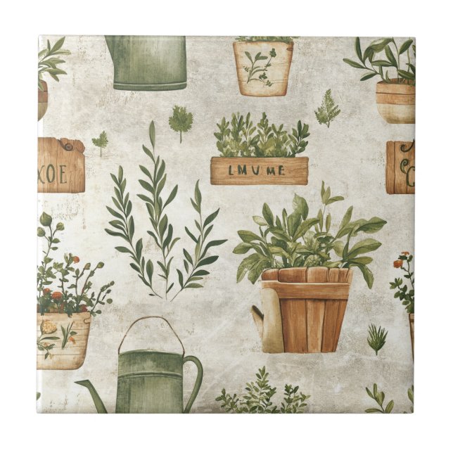 Rustic Herbs Planters Vintage Cottage Ceramic Tile (Front)