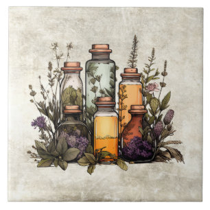Rustic Herbs & Spices in Bottles Watercolors Tile