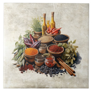 Rustic Herbs Spices in Watercolors Tile