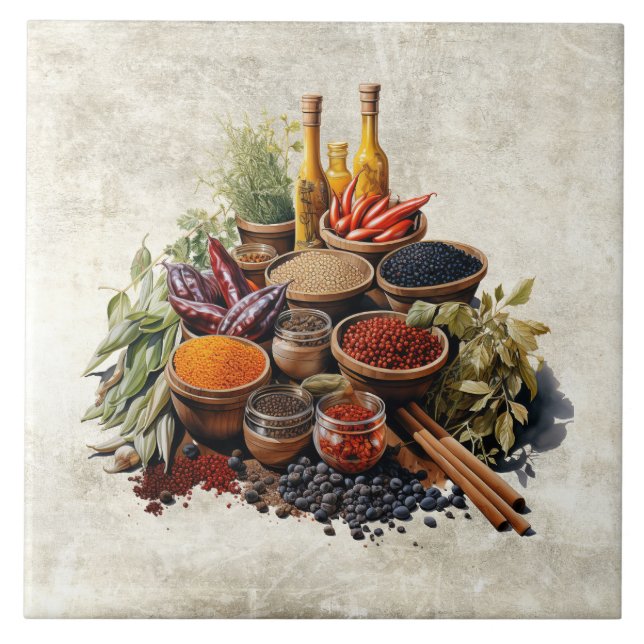 Rustic Herbs Spices in Watercolors Tile (Front)