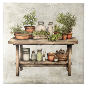 Rustic Herbs & Spices Wooden Stool Watercolors Tile