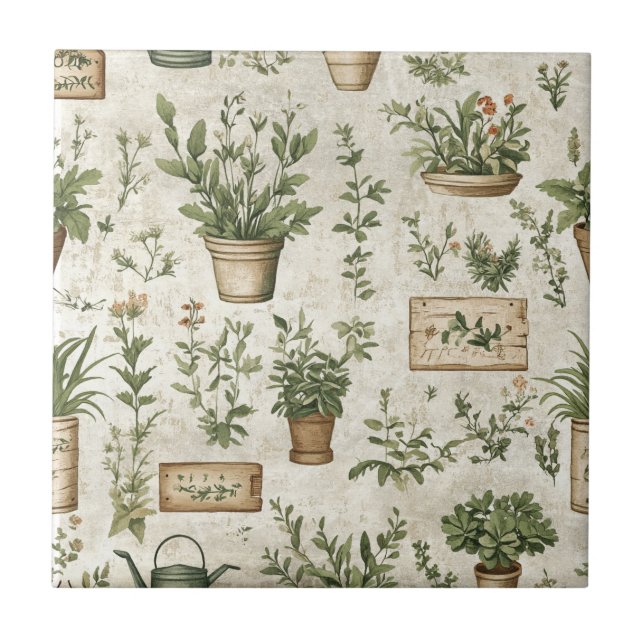 Rustic Herbs Vintage Cottage Ceramic Tile (Front)