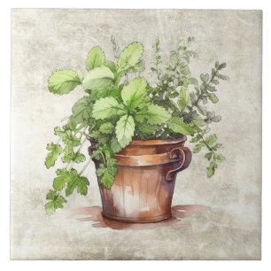 Rustic Herbs Vintage Neutral Watercolors Tile