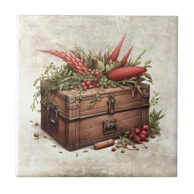 Rustic Herbs Vintage Trunk Cottage Ceramic Tile (Front)