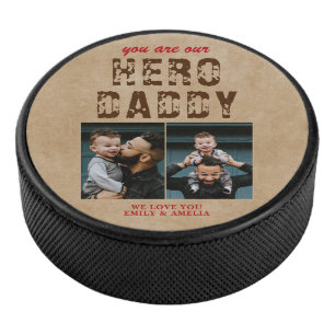 Rustic Hero Daddy Father`s Day 2 Photo Collage Hockey Puck