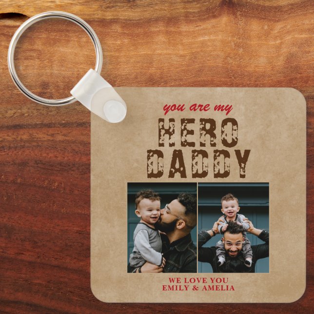 Rustic Hero Daddy Father`s Day 2 Photo Collage Key Keychain (Front)