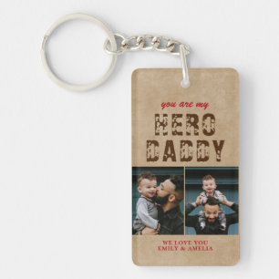 Rustic Hero Daddy Father`s Day 2 Photo Collage Keychain