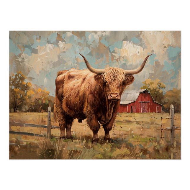 Rustic Highland Cow and Barn Decoupage Poster (Front)