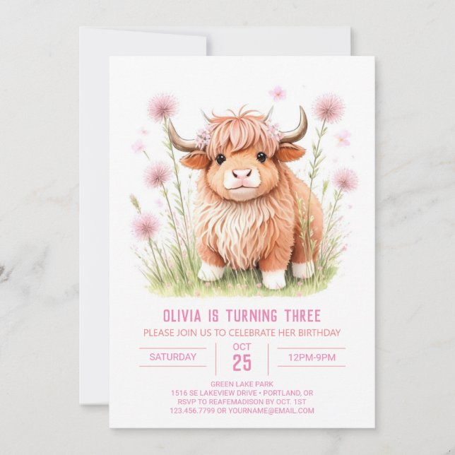 Rustic Highland Cow Farmyard Girl Birthday Invitation (Front)