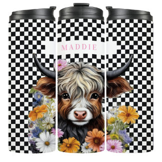 Rustic Highland Cow Floral Chequered Tumbler Mug