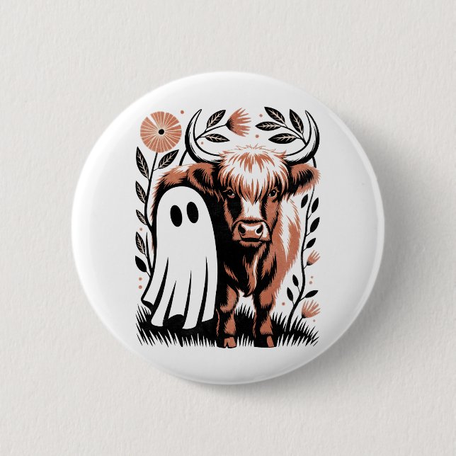 Rustic Highland Cow Ghost Halloween 2 Inch Round Button (Front)
