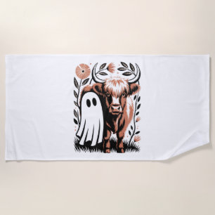 Rustic Highland Cow Ghost Halloween Beach Towel