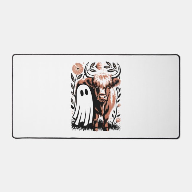 Rustic Highland Cow Ghost Halloween Desk Mat (Front)