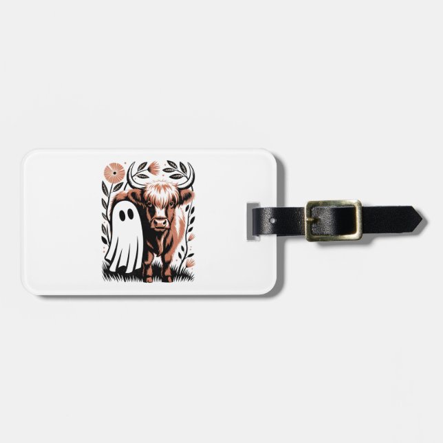 Rustic Highland Cow Ghost Halloween Luggage Tag (Front Horizontal)