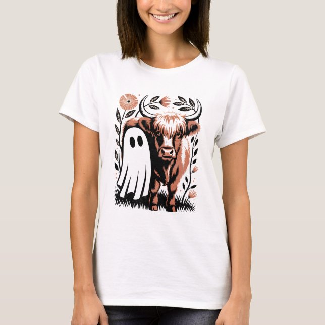 Rustic Highland Cow Ghost Halloween T-Shirt (Front)