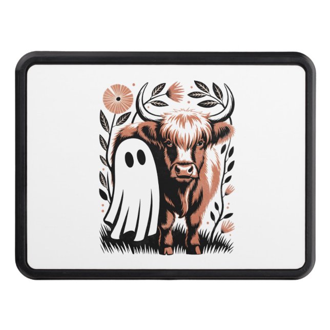 Rustic Highland Cow Ghost Halloween Trailer Hitch Cover (Front)