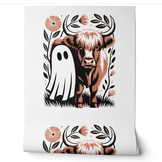 Rustic Highland Cow Ghost Halloween Wallpaper (Unrolling)