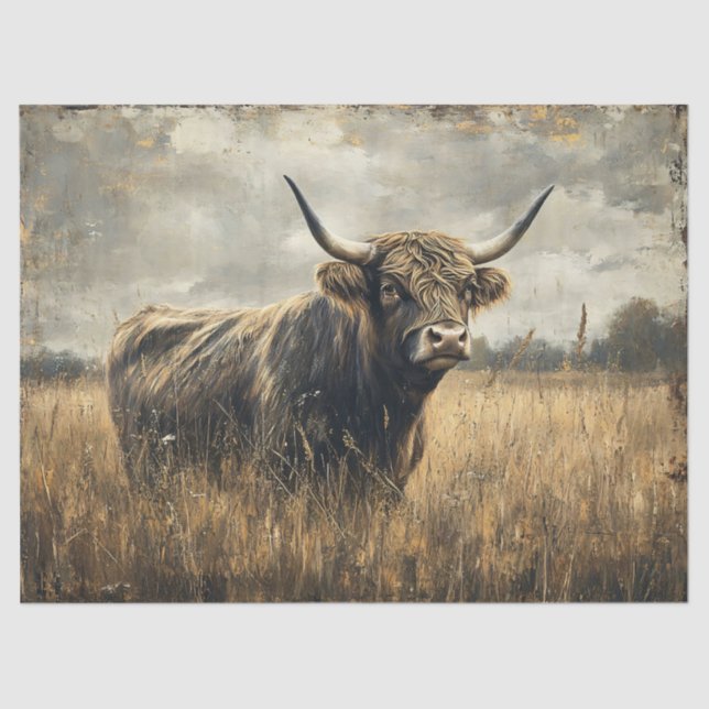 Rustic Highland Cow Landscape Art Decoupage Tissue Paper (Front)