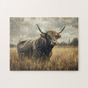Rustic Highland Cow Landscape Art Jigsaw Puzzle