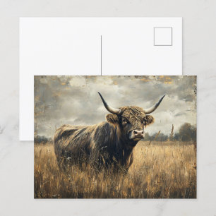 Rustic Highland Cow Landscape Art Postcard