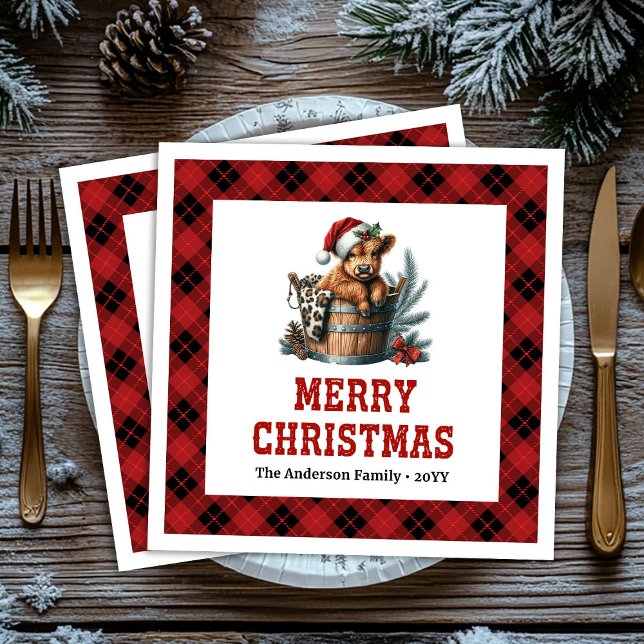 Rustic highland cow red black plaid Xmas napkin (Rustic highland cow red black plaid Xmas napkin)