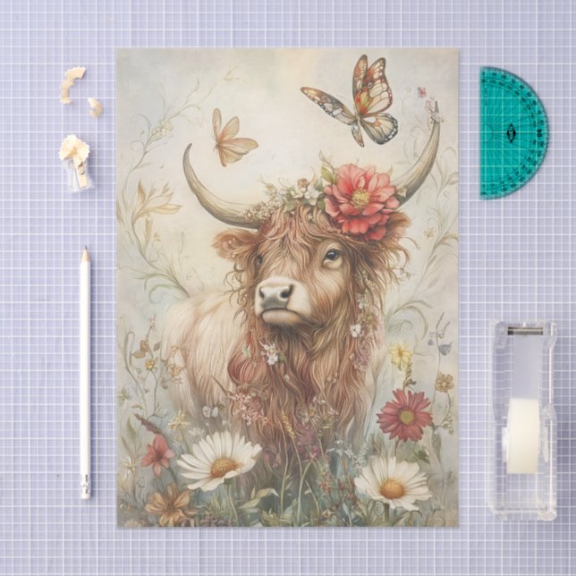 Rustic Highland Cow With Butterfly Decoupage Tissue Paper (Craft)