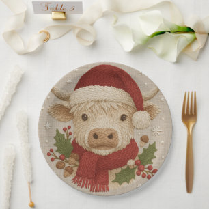 Rustic Highland Cow with Santa Hat Paper Plate