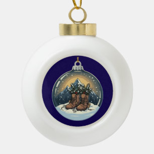 Rustic Hiking Boots Mountain Scene Christmas Ceramic Ball Christmas Ornament