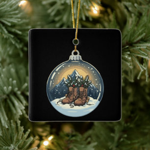 Rustic Hiking Boots Mountain Scene Christmas Ceramic Ornament