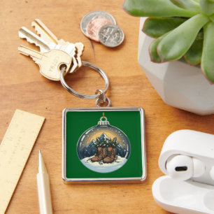 Rustic Hiking Boots Mountain Scene Christmas Keychain